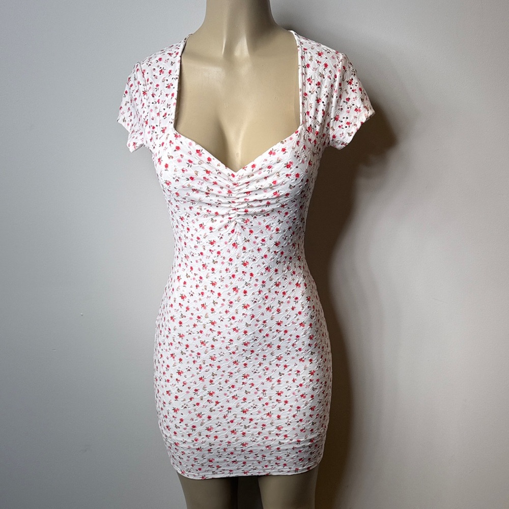 Ruched Sweetheart Mini Dress in White with Pink Floral